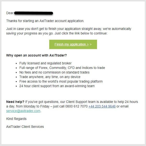 AxiTrader Confirmation Email