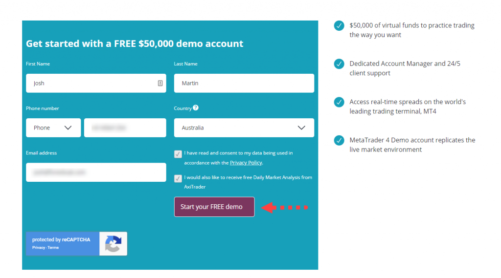 axitrader demo form filled