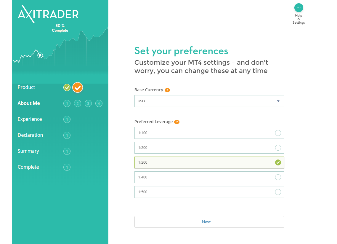 AxiTrader Live Account Appliacation Leverage