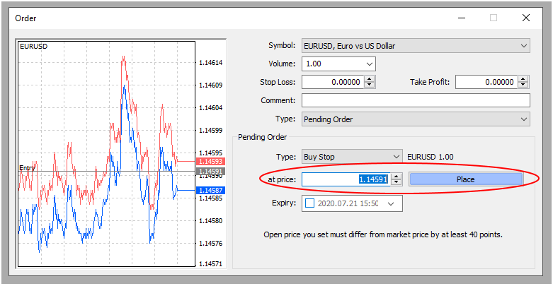 MetaTrader Order Type Selection